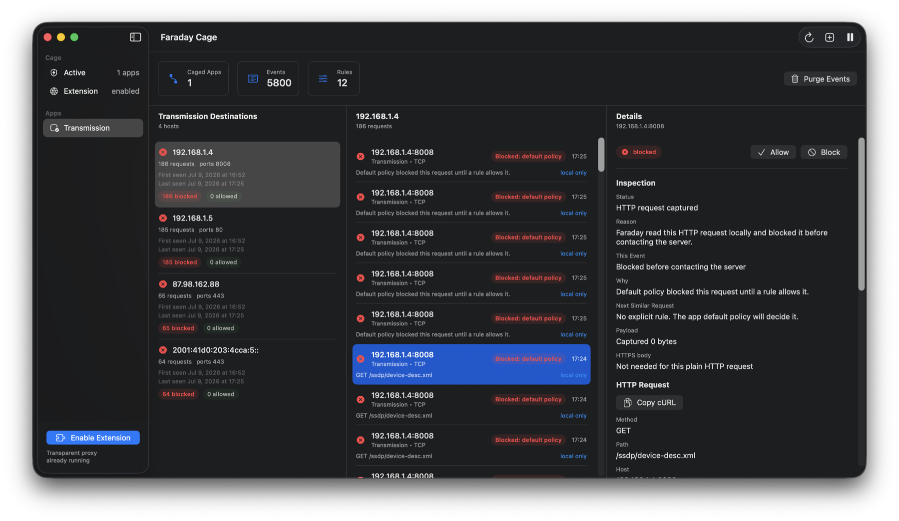 Faraday Cage Mac app firewall dashboard showing blocked Transmission connections grouped by destination