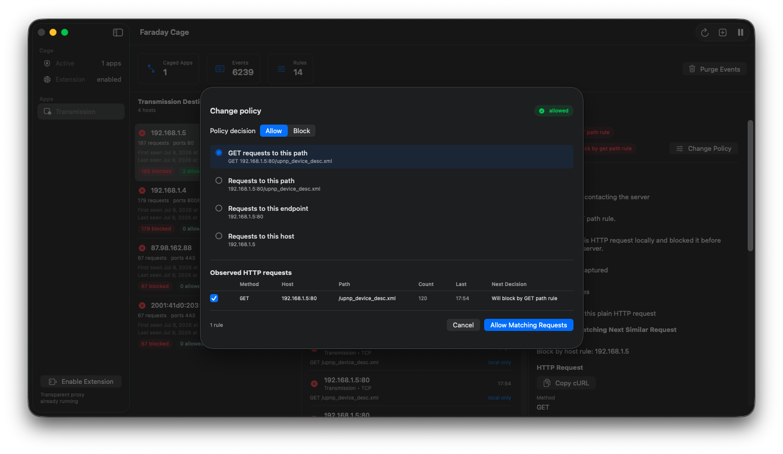 Faraday Cage dialog for allowing or blocking matching Mac app network requests by path, endpoint, or host