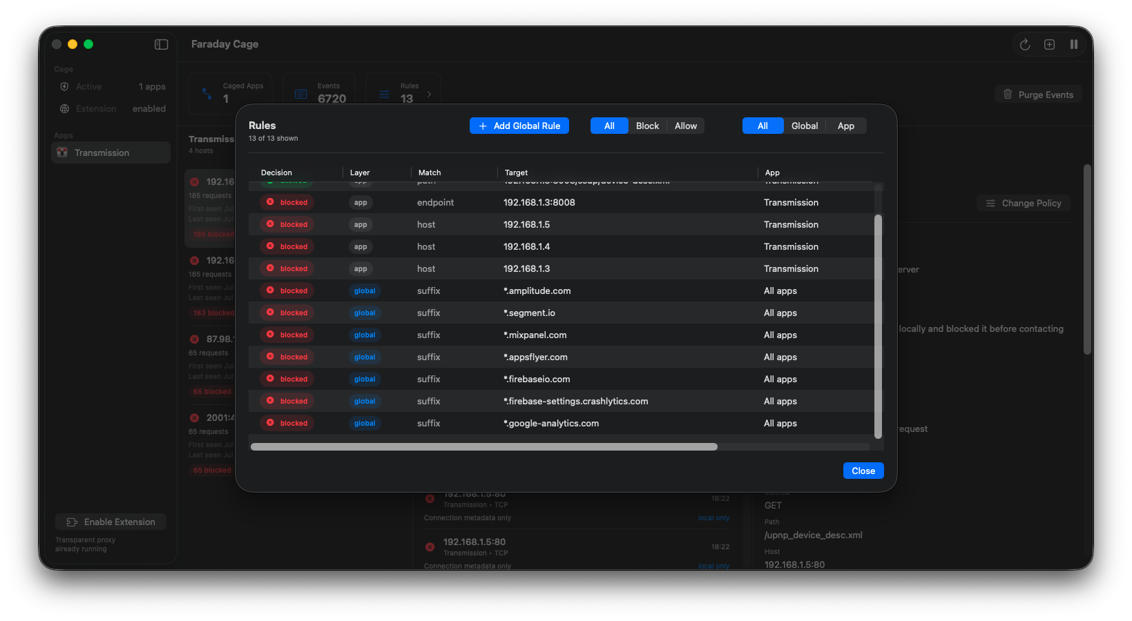 Faraday Cage Mac app firewall rules for analytics domains and app-specific network endpoints